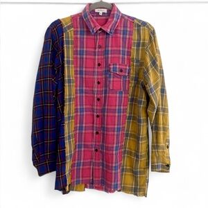 BETTER BE PATCHWORK LONG SLEEVE BUTTON DOWN FLANNEL RAW HEM SIZE SMALL
